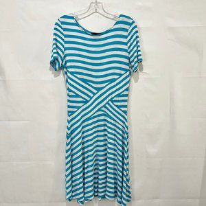 Trulli Woman’s Dress sz Lg A-line Blue & White Striped Stretchy Knee Length Logo